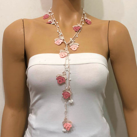 10.10.24 Romantic Pink Rose Lariat with White Beads - Pink Rose