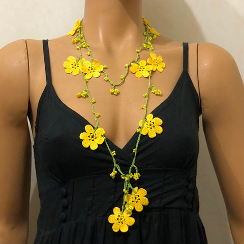 10.20.31 Bright Yellow OYA Flower Lariat Necklace with Yellow beads.