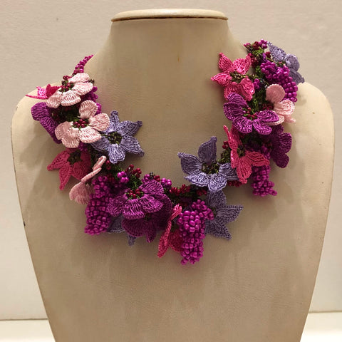 Pink,Lilac and Plum Bouquet Necklace with Bluish Purple Grapes - Crochet OYA Lace Necklace