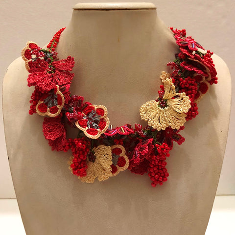 Pomagranate Orang, Red and Yellow Bouquet Necklace - Crochet OYA Lace Necklace
