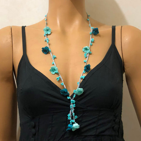 Teal and Aqua Turquoise Crochet oya TULIP lace necklace with blue Beads