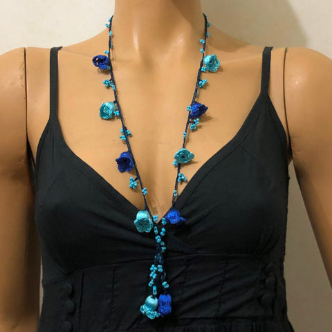 Blue and Indigo Blue Crochet oya TULIP lace necklace with blue Beads