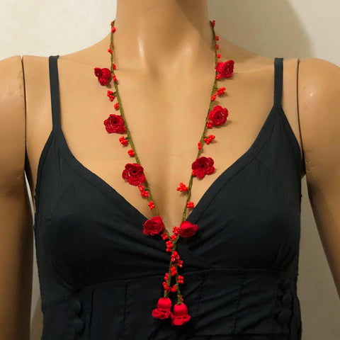 Red Crochet oya TULIP lace necklace with Red Beads