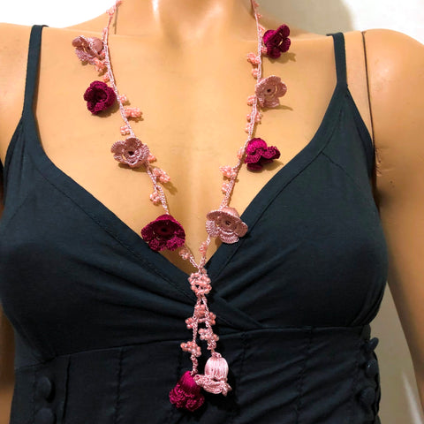 Sour Cherry andLight Pink Crochet oya TULIP lace necklace with Pink Beads