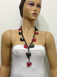10.11.12 Black and Dark Red Crochet beaded flower lariat necklace with Black Onyx Stones