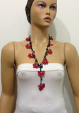 10.11.13 Dark Red Crochet beaded flower lariat necklace with Black Onyx Stones