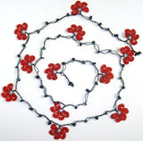 10.11.13 Dark Red Crochet beaded flower lariat necklace with Black Onyx Stones
