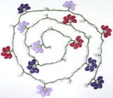 10.11.15 Burgundy,Lilac and Purple Crochet beaded flower lariat necklace with White Beads.