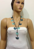 10.11.17 Teal Green Crochet beaded flower lariat necklace with Brown Strand and Blue Beads