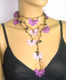 10.11.11 Pink and Purple Crochet beaded flower lariat necklace with purplish Beads