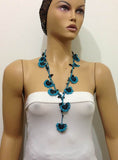 10.12.15 Black and Blue Crochet beaded flower lariat necklace with Black beads.