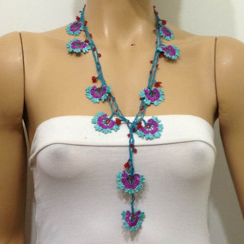 10.12.17 Blue and Plum Crochet beaded flower lariat necklace with Red beads.