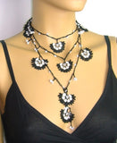 10.12.11 Black and White Crochet beaded flower lariat necklace with white beads