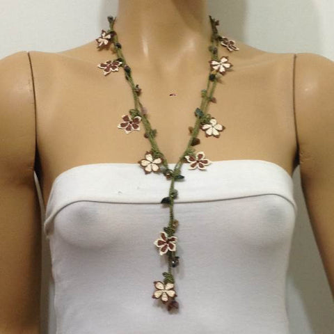 10.16.11 Brown and beige beaded flower lariat necklace with Fancy Jasper (Indian Agate) Natural Gemstone.