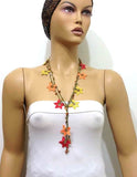 10.17.13 Yellow Orange Red Crochet beaded flower lariat necklace with Agate Stones