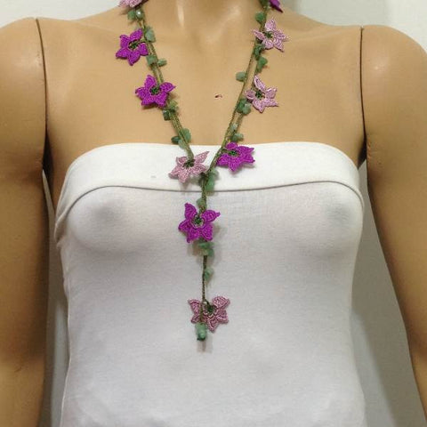 10.17.17 Lilac and Purple  beaded OYA flower lariat necklace with natural Green Jade Gemstone.