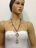 10.19.12 Beige and Brown Crochet beaded OYA flower lariat necklace with White Beads.