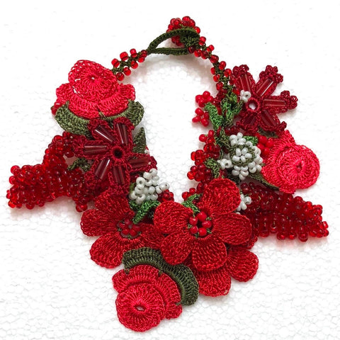 Red Bouquet Bracelet with Red Grapes - Crochet OYA Lace Bracelet