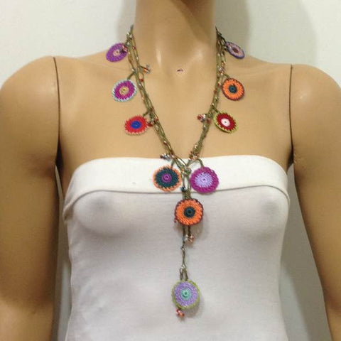 10.24.13 Multi-color Orange Round Crochet beaded OYA Flower lariat necklace with Green String