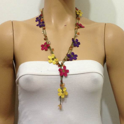 10.29.14 Yellow,Burgundy and Purple Crochet beaded flower lariat necklace with Agate Stones