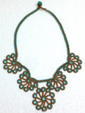 Taupe and Turquoise Bead Choker Necklace with Crocheted Bead Flower Oya