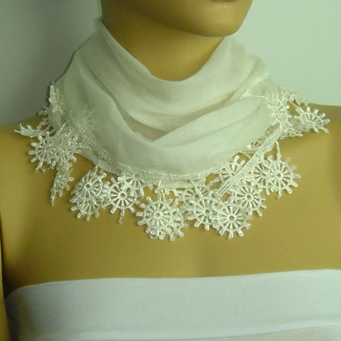 White fringed edge scarf - Scarf with Lace Fringe