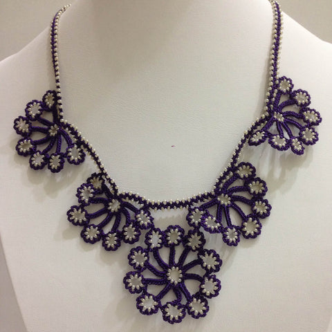 Purple with White Beads - Choker Necklace with Crocheted Bead Flower Oya