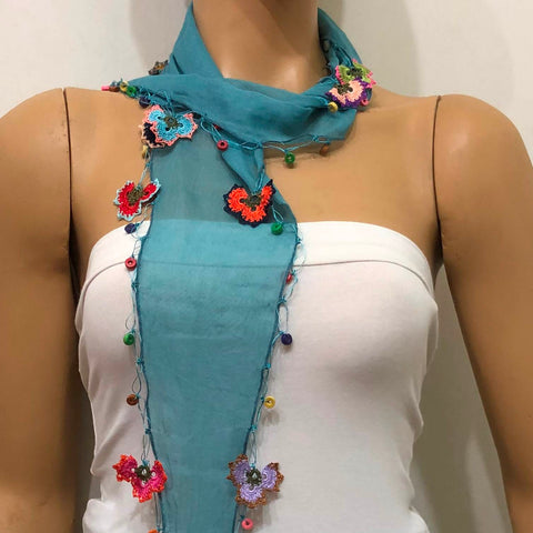 Petrol Blue Scarf with Handmade Oya Lace Flowers