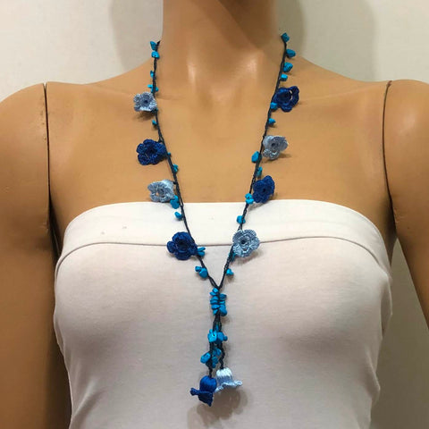 Blue Crochet oya TULIP lace necklace with blue turquoise stones