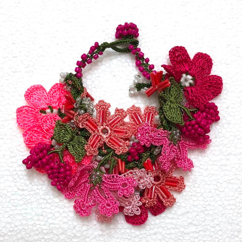 Hot Pink Bouquet Bracelet with Pink Cherries - Crochet OYA Lace Bracelet