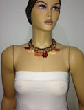 FALL Colors - Burnt Orange, Burgundy and Yellow Choker Necklace with Crocheted Flower and semi precious Agate Stones