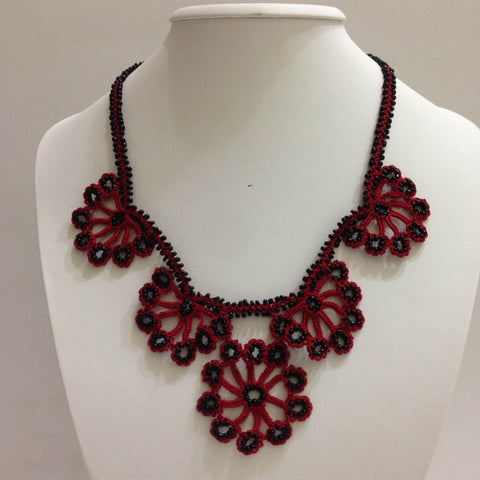 Burgundy Red with Black Beads - Choker Necklace with Crocheted Bead Flower Oya