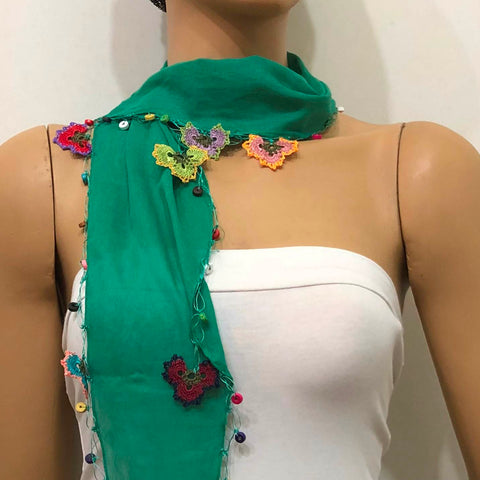 Benetton Green Scarf with Handmade Oya Lace Flowers