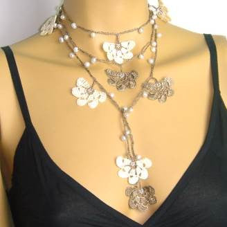 12.11.11 Beige and Brown Crochet Lariat with Freshwater Pearls - Elegant necklace Pearl Jewelry