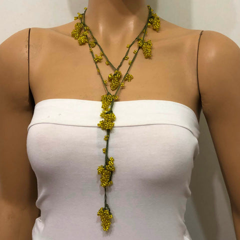 Yellow Grape Oya Lariat Necklace - Grape Crocheted Necklace