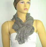 Dark Gray cotton scarf with lace - Grey Scarf
