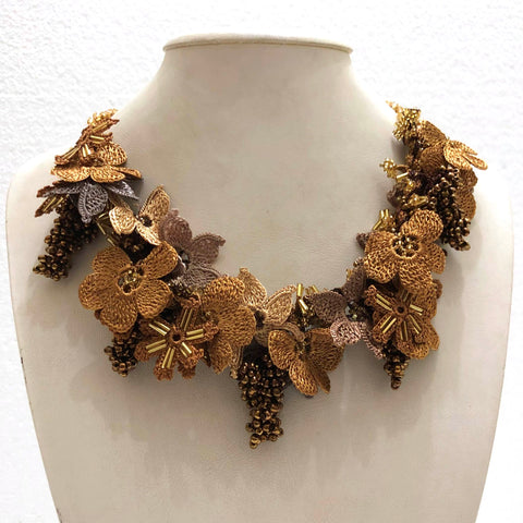 Golden Yellow and ,Brown Bouquet Necklace with Copper Grapes - Crochet OYA Lace Necklace