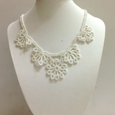 All White - Choker Necklace with Crocheted Bead Flower Oya