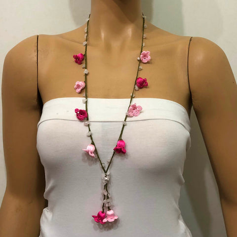 Pink Crochet oya TULIP lace necklace with pink Quartz stones