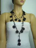 Beaded Round Crochet Necklace - Black beaded lariat - Double size - Crochet oya lace Necklace