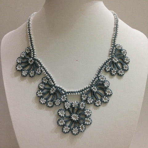 Grey with White Beads - Choker Necklace with Crocheted Bead Flower Oya