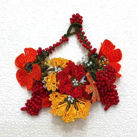 Orange and Yellow Bouquet Bracelet with Orange Grapes - Crochet OYA Lace Bracelet