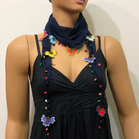 Navy Scarf with Handmade Oya Lace Flowers