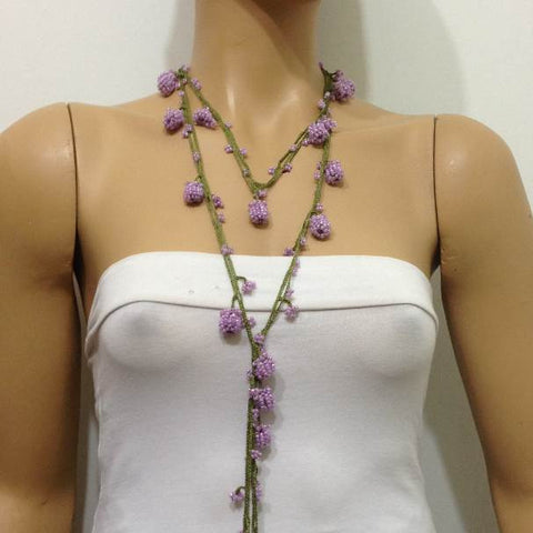 Pinkish Lilac Crochet Oya Berry Necklace - Beaded Lariat -  Necklace Lariat Necklace