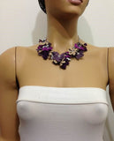 Purple amd Beige Beaded Crochet Necklace - Crochet OYA Lace Necklace - Mixed Flower Bouquet Necklace