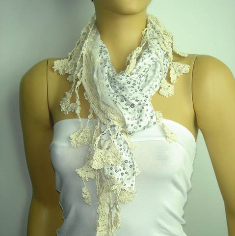 Ivory white cotton scarf with tulle and lace - Tiny grey flowers printed scarf