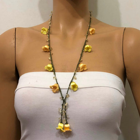 Yellow Crochet oya TULIP lace necklace with yellow citrine stones