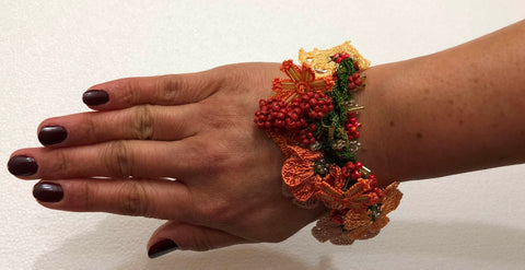 Burnt Orange Bouquet Bracelet with Orange Grapes - Crochet OYA Lace Bracelet