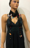 Black Triangle Scarf with Sparkling Spangles and Handmade Oya Lace Flowers