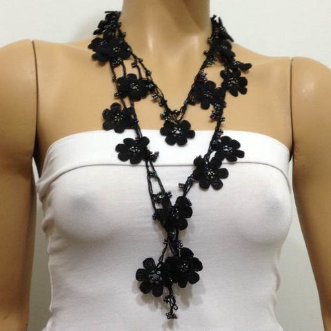Beaded Crochet Necklace - Black beaded lariat - Double size - Crochet oya lace Necklace